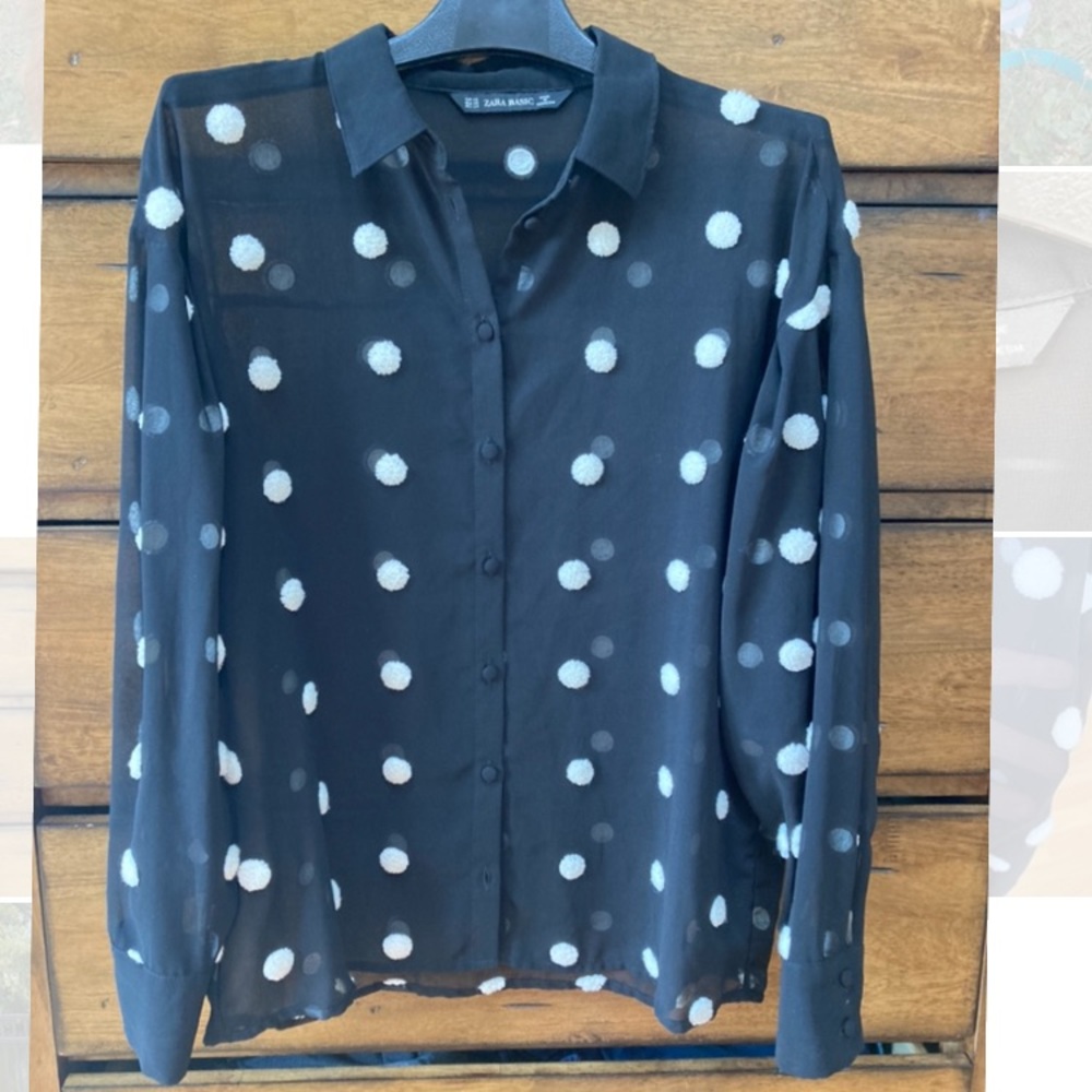 Sheer black and white collared blouse - collar, buttons, 3D yarn polka dots!